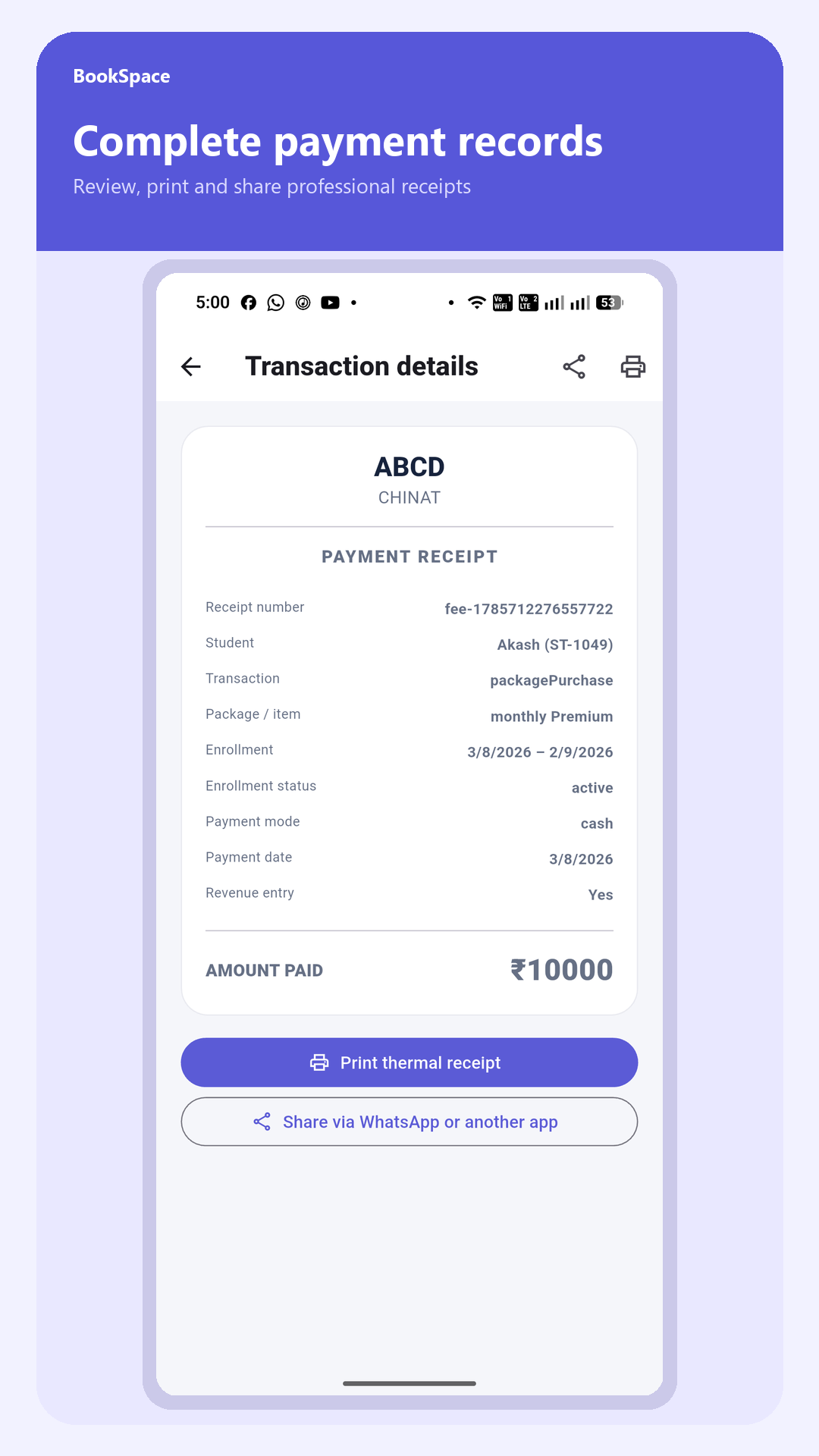 BookSpace printable payment receipt